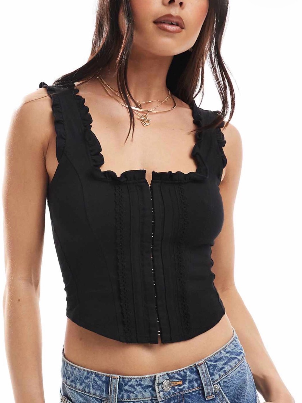 Black Ruffle-Trim Button Front Corset Crop Top - Women